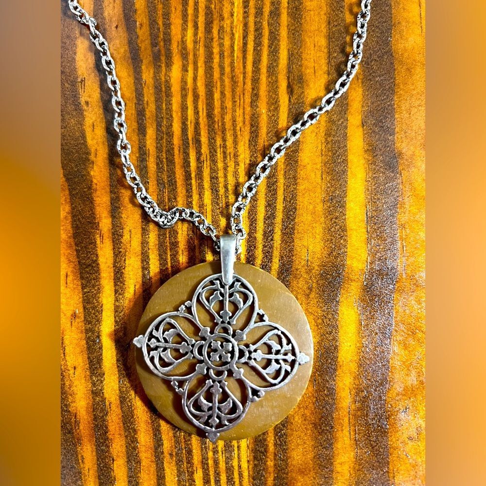 Cookie Lee Silver Pendant Necklace with Brown Disc boho classic